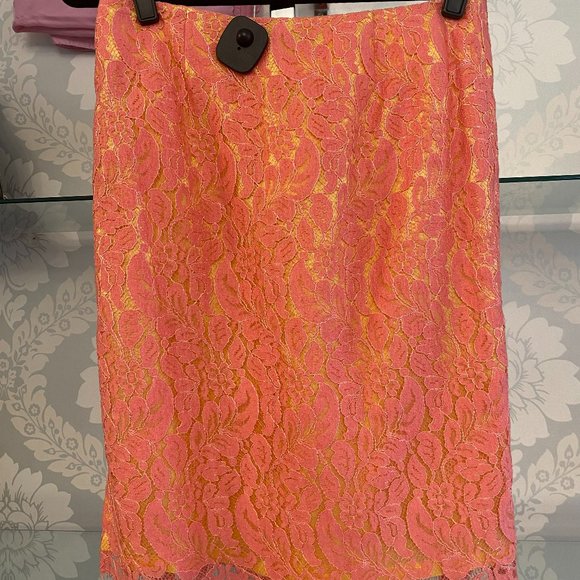 TRINA TURK Orange Cotton Blend Lace Straight Skirt